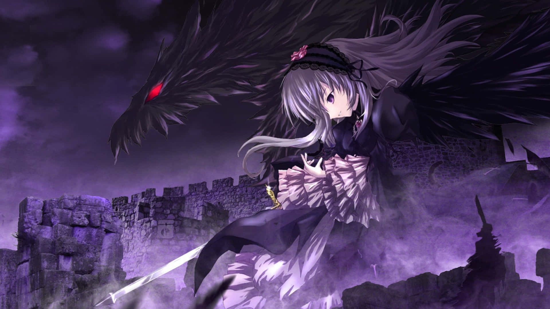 Goth Anime Girl, dragon, silver-haired, Full HD Desktop Wallpaper