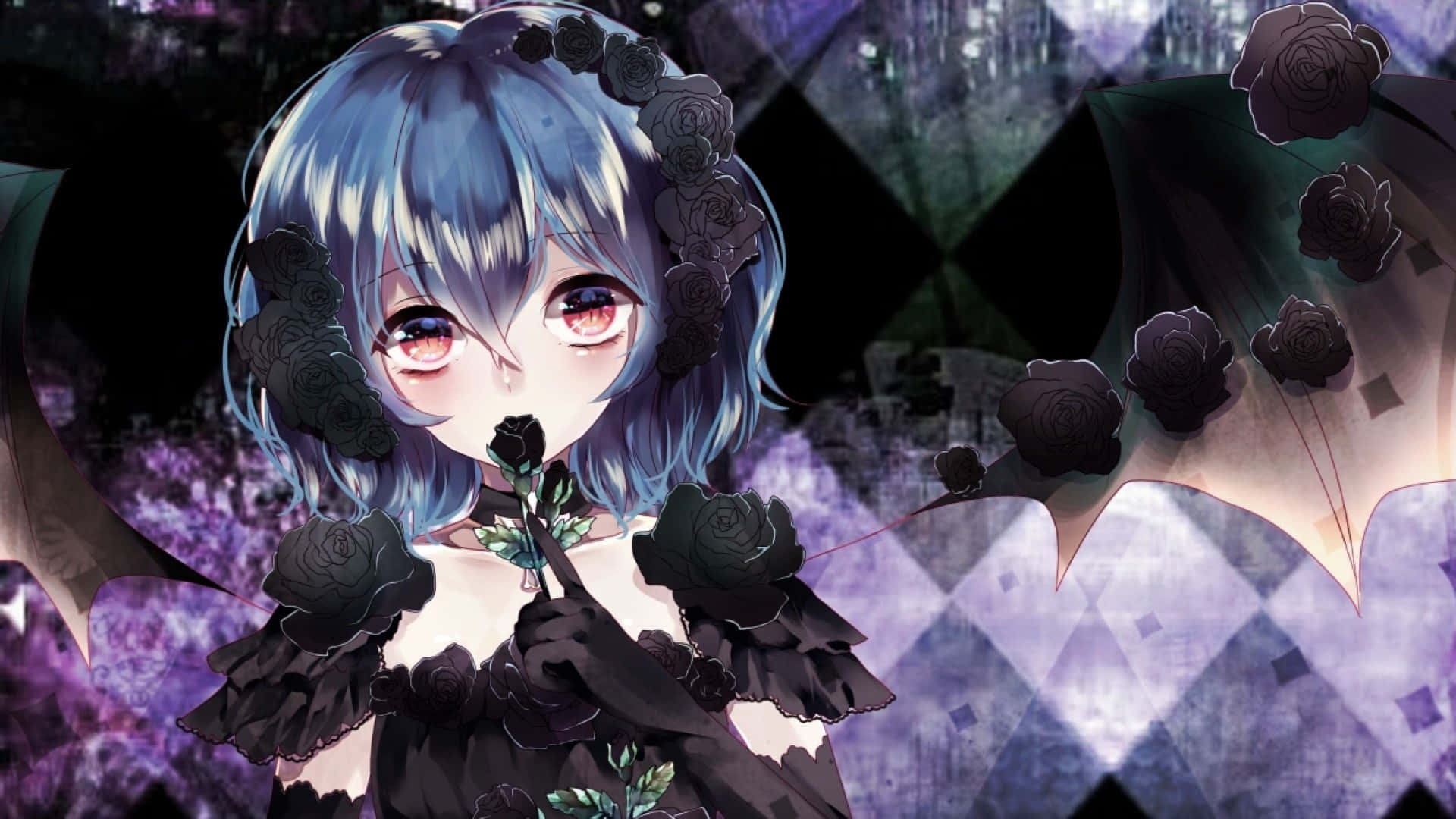 Goth Anime Girl, blue-haired, bat wings, Full HD Desktop Wallpaper