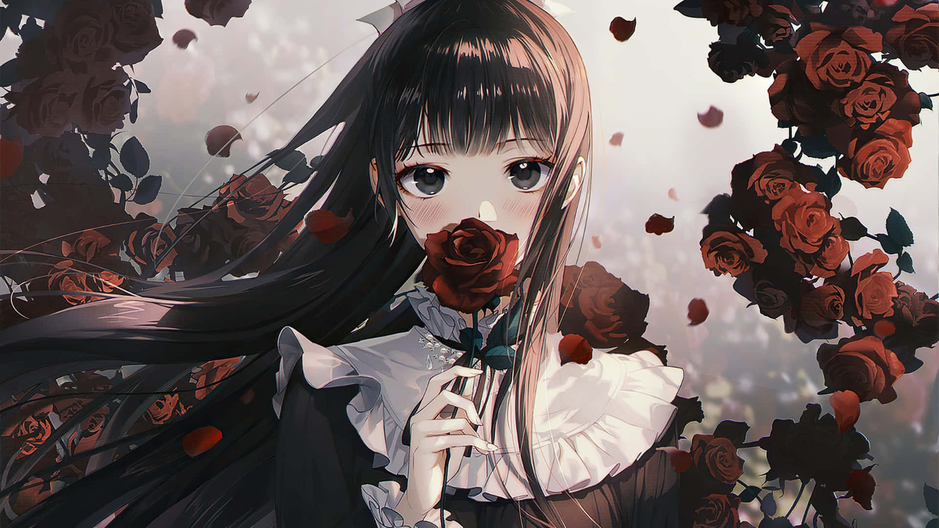 Goth Anime Girl, red rose, falling petals, Full HD Desktop Wallpaper