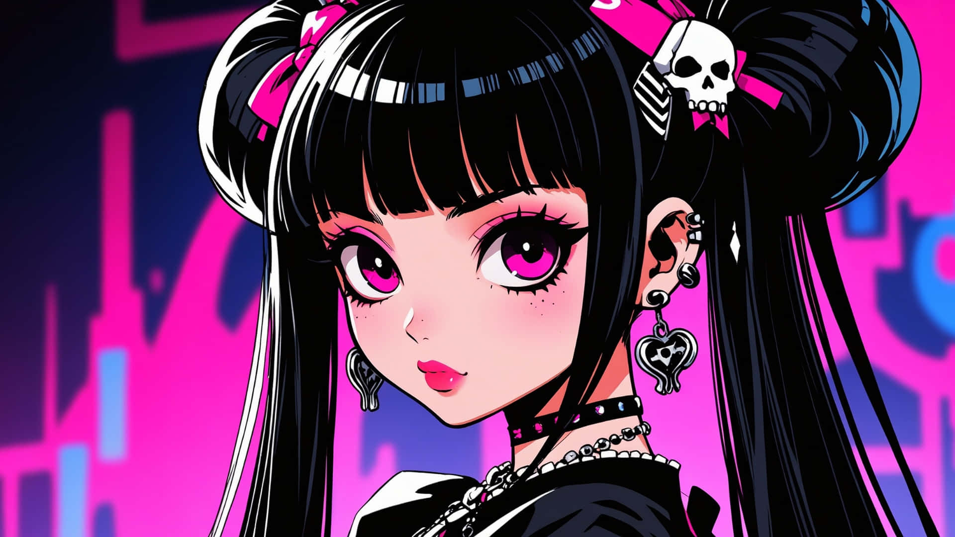 Goth Anime Girl, pink accents, black hair, Full HD Desktop Wallpaper