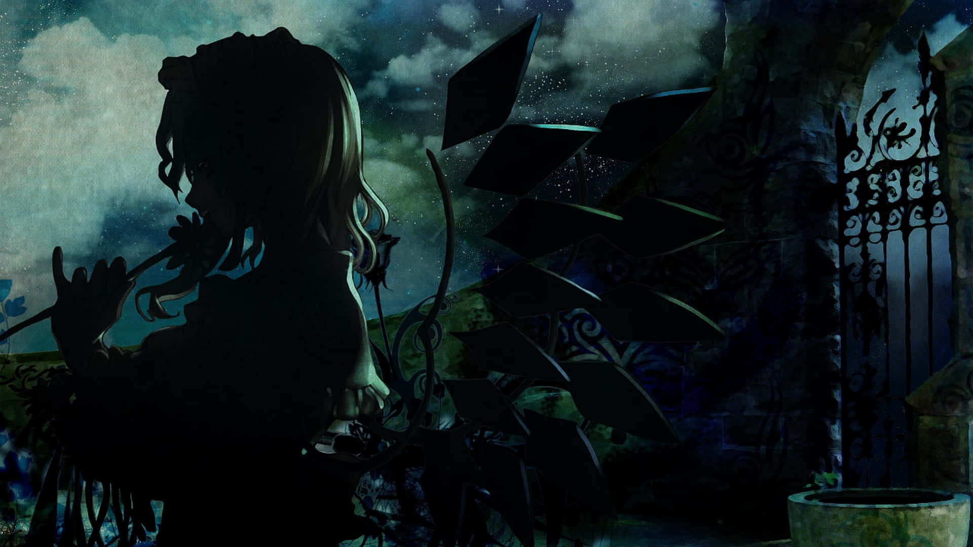 Goth Anime Girl, silhouette, flowing hair, Full HD Desktop Wallpaper