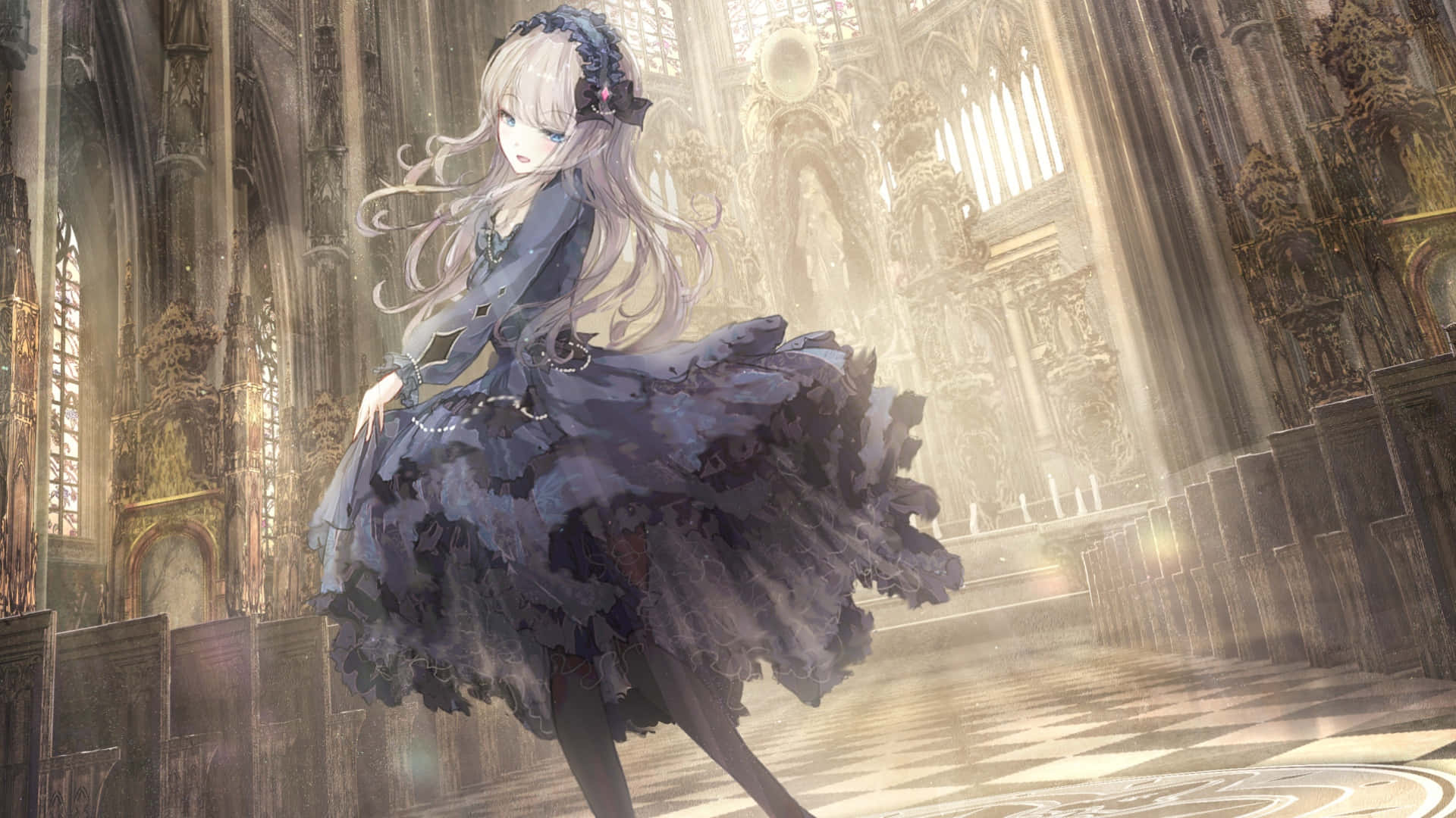 Goth Anime Girl, cathedral, sunlit, Full HD Desktop Wallpaper