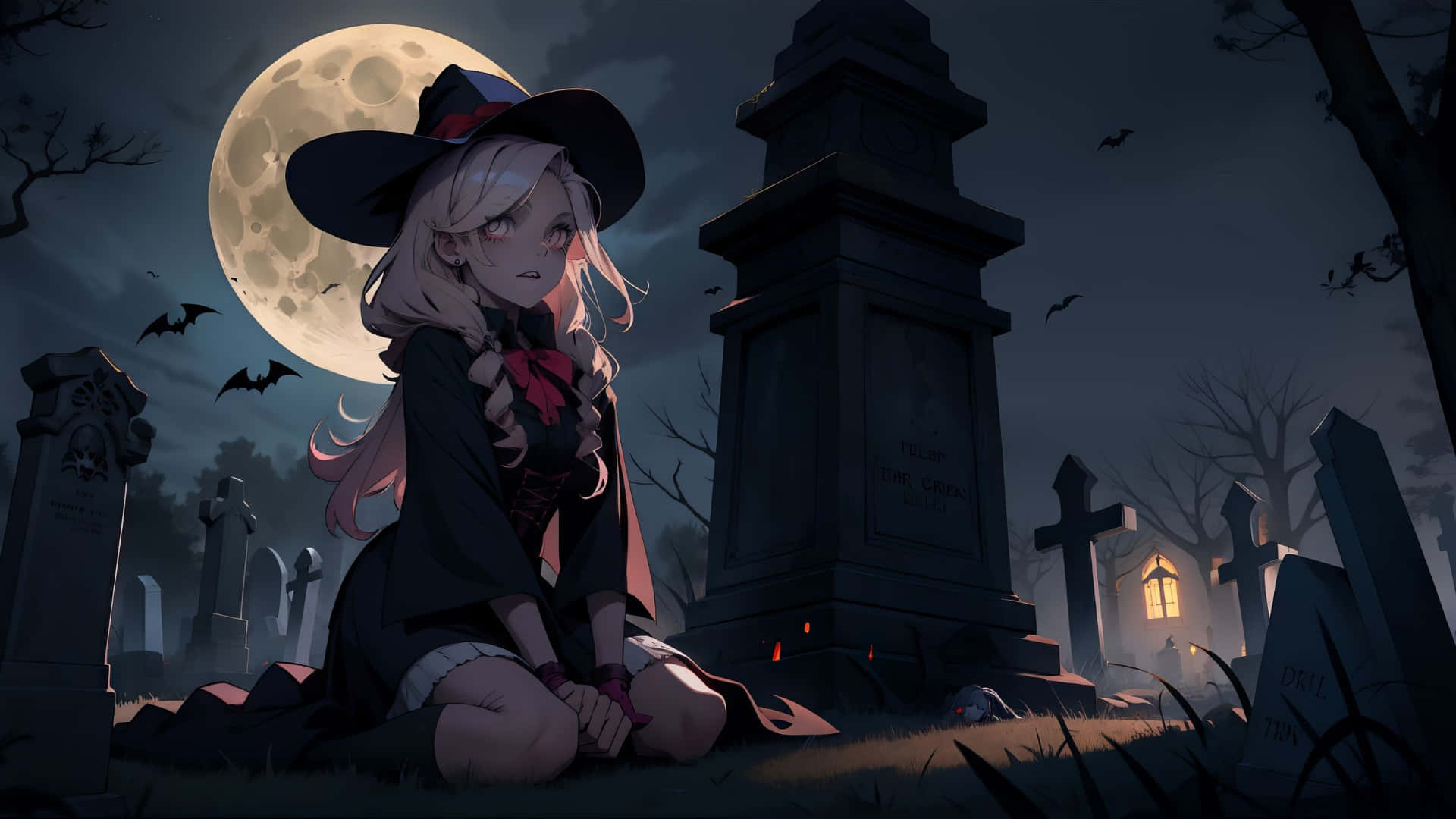 Goth Anime Girl, graveyard, moonlit, Full HD Desktop Wallpaper