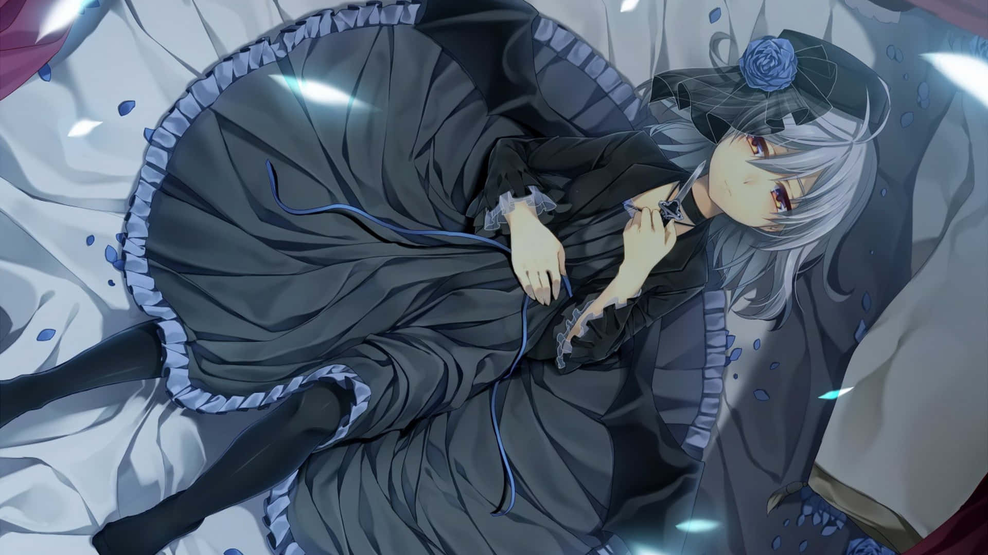 Goth Anime Girl, silver-haired, black dress with blue trim, Full HD Desktop Wallpaper