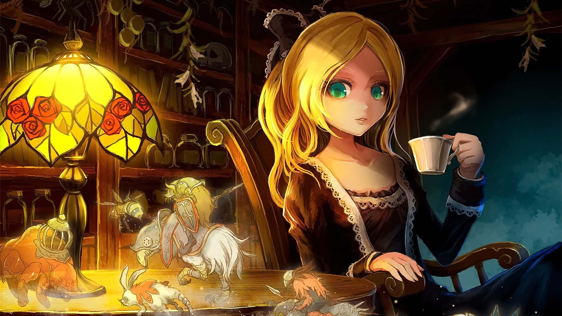 Goth Anime Girl, cafe, stained glass lamp, Full HD Desktop Wallpaper