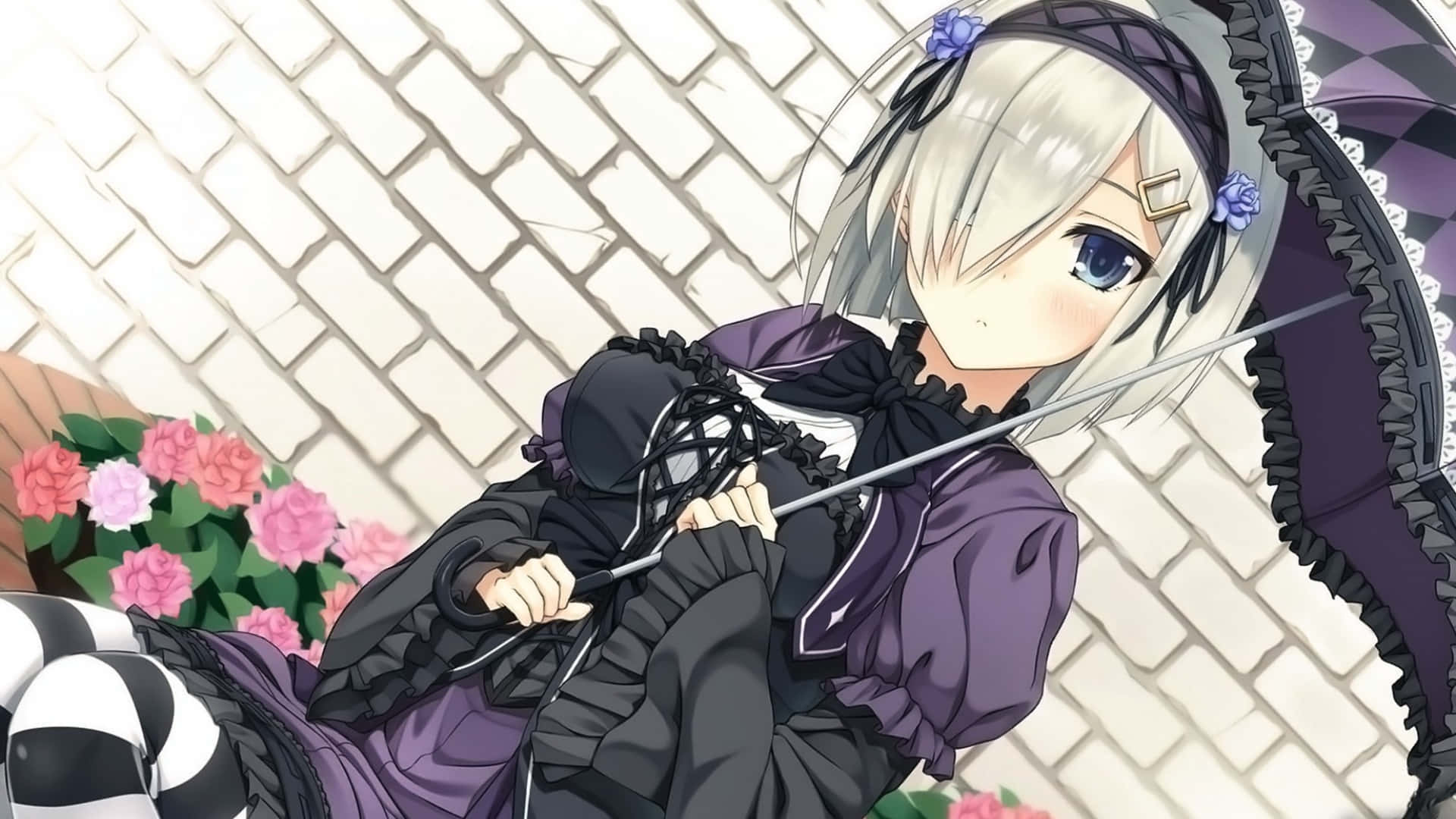 Goth Anime Girl, silver-haired, purple gothic dress, Full HD Desktop Wallpaper