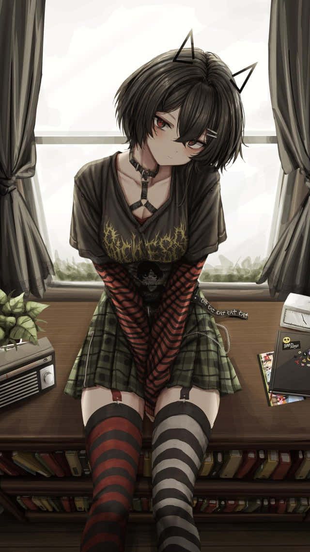 goth anime cat girl, plaid skirt, striped tights, SD Phone Wallpaper