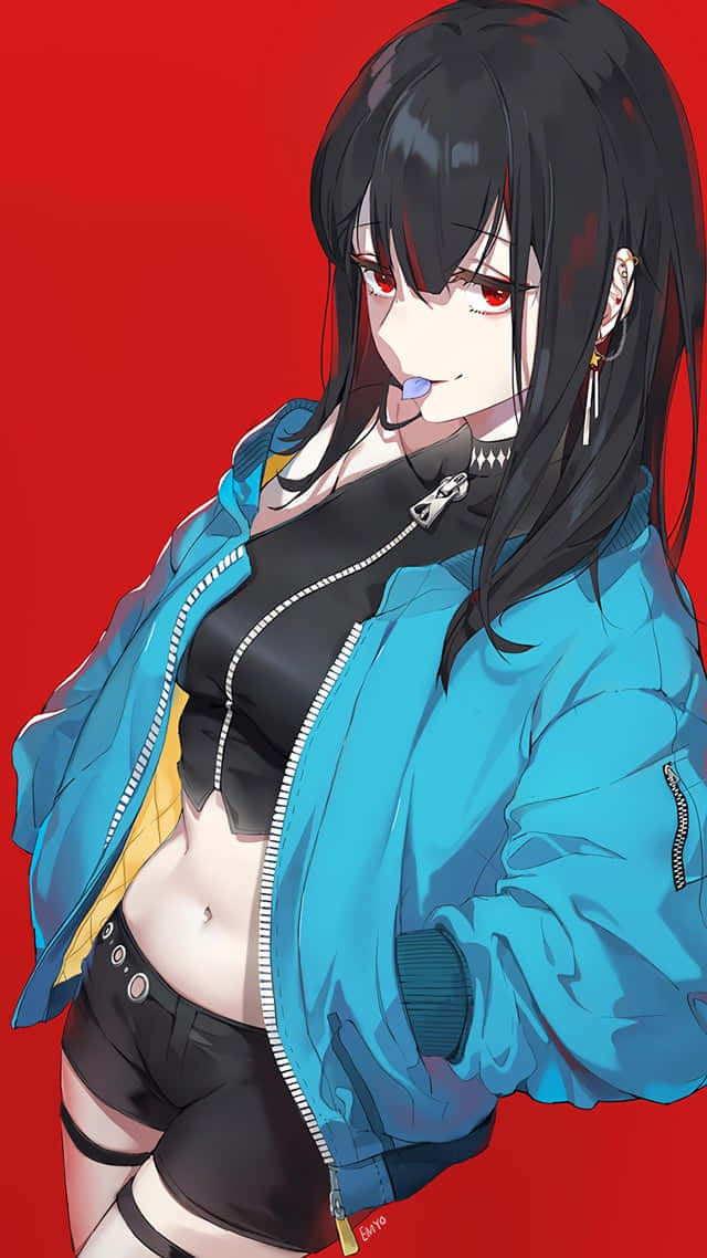 Goth Anime Girl, blue jacket, black crop top, SD Phone Wallpaper