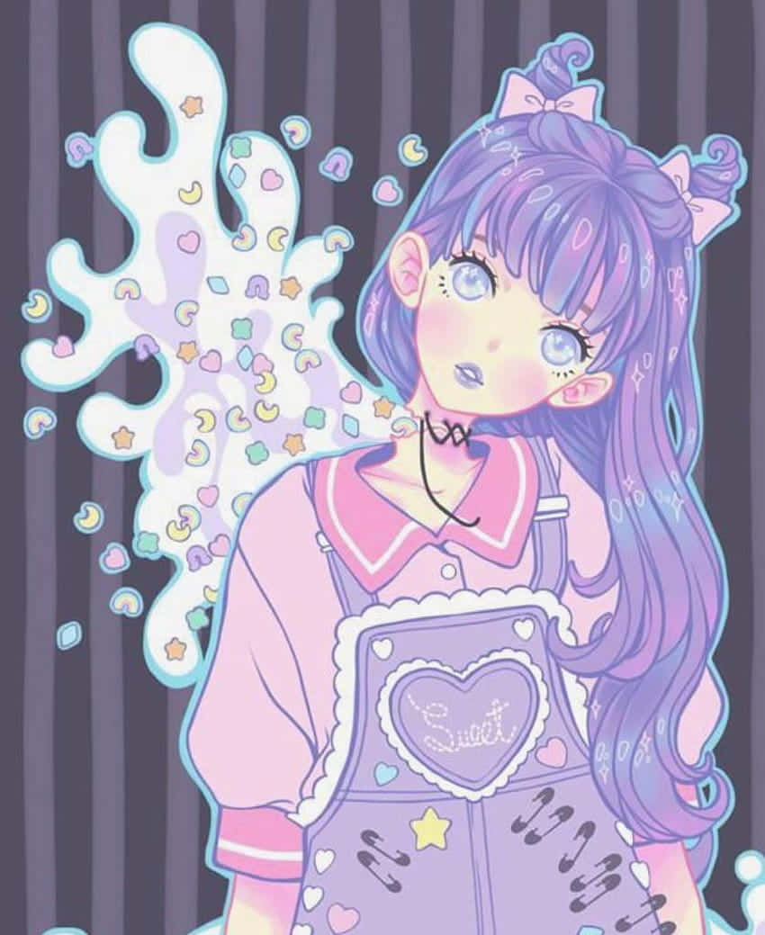 Pastel Goth Anime Girl, purple hair, overalls, SD Phone Wallpaper