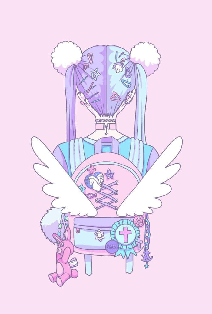 Pastel Goth Anime Girl, purple pigtails, white wings, SD Phone Wallpaper
