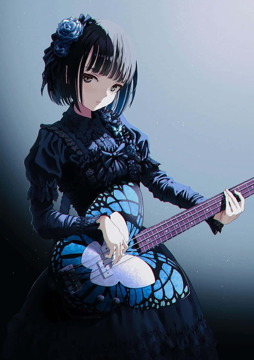 Goth Anime Girl, butterfly-patterned bass guitar, black gothic dress, SD Phone Wallpaper