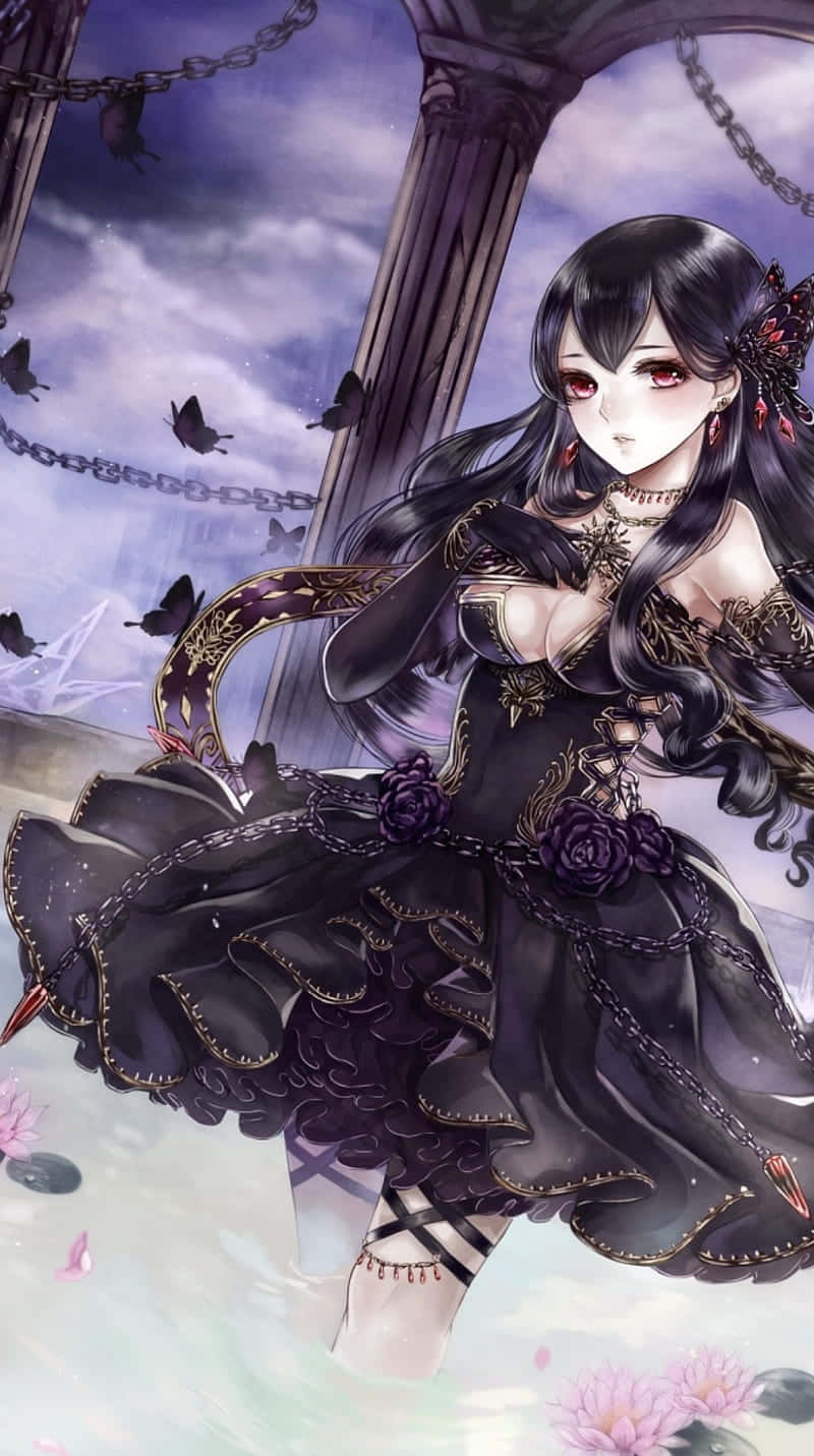 Goth Anime Girl, black lace dress, purple lotuses, HD Phone Wallpaper