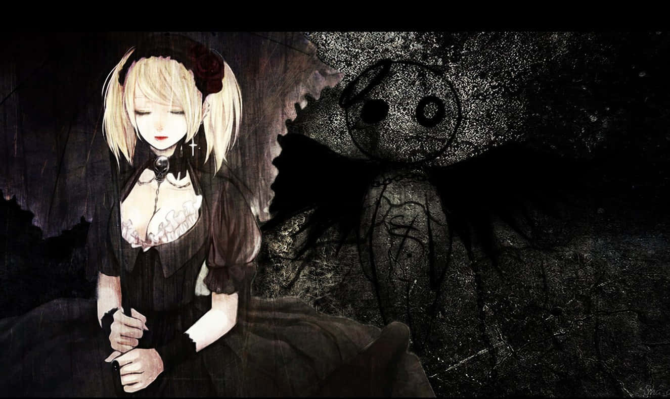 Goth Anime Lolita Girl, gothic dress, shadowy sketch of a monstrous figure, HD Desktop Wallpaper