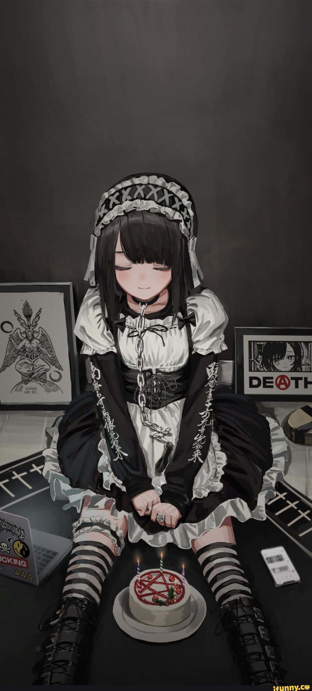Goth Anime, maid outfit, pentagram cake, Full HD Phone Wallpaper