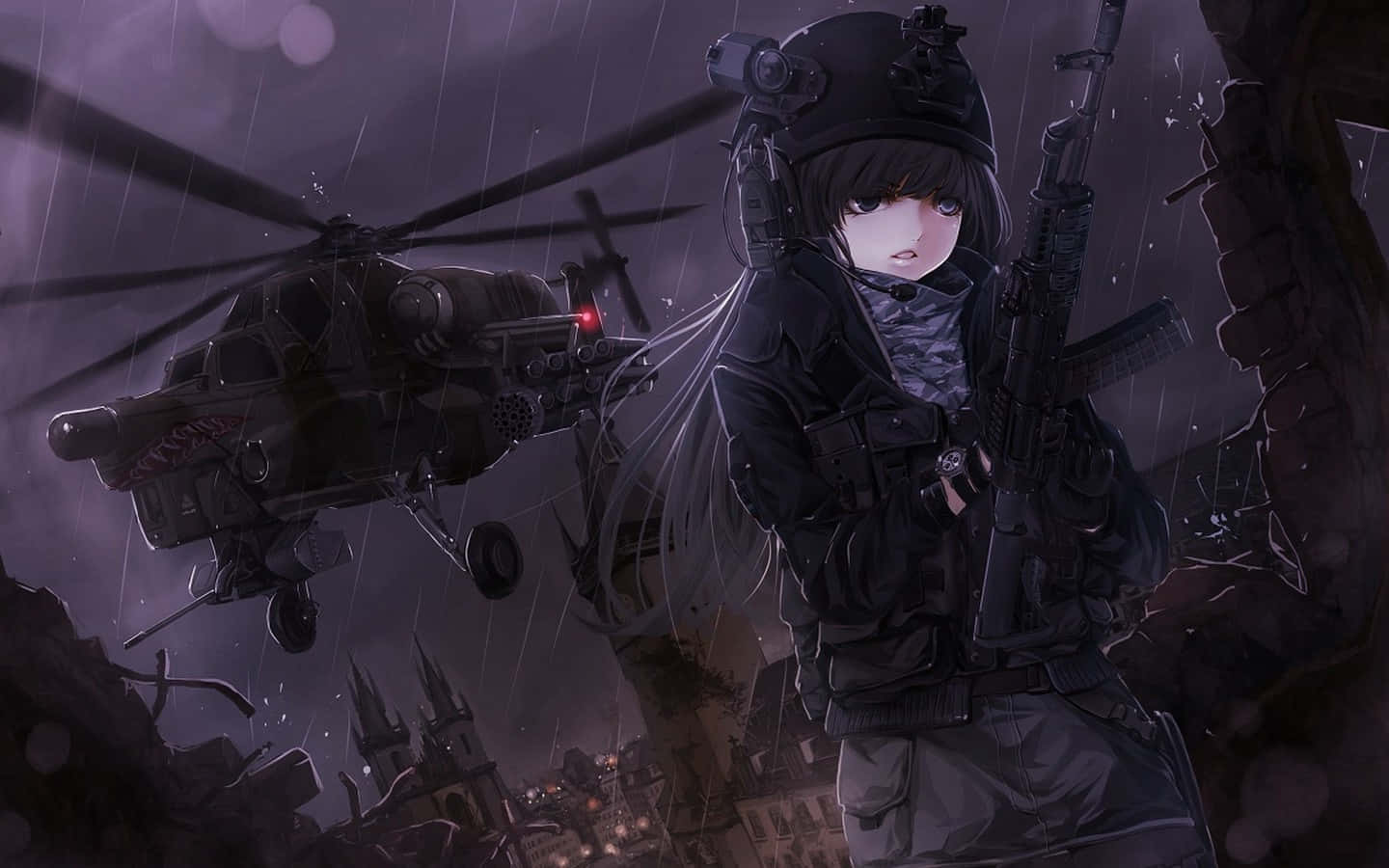 Goth Anime Girl, rifle, black helicopter, HD Desktop Wallpaper