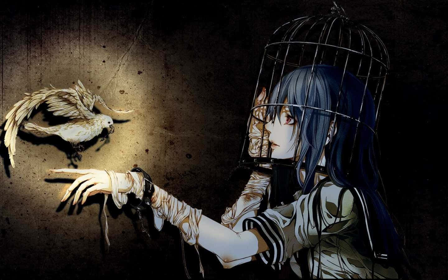 Goth Anime, blue-haired anime girl, birdcage, HD Desktop Wallpaper