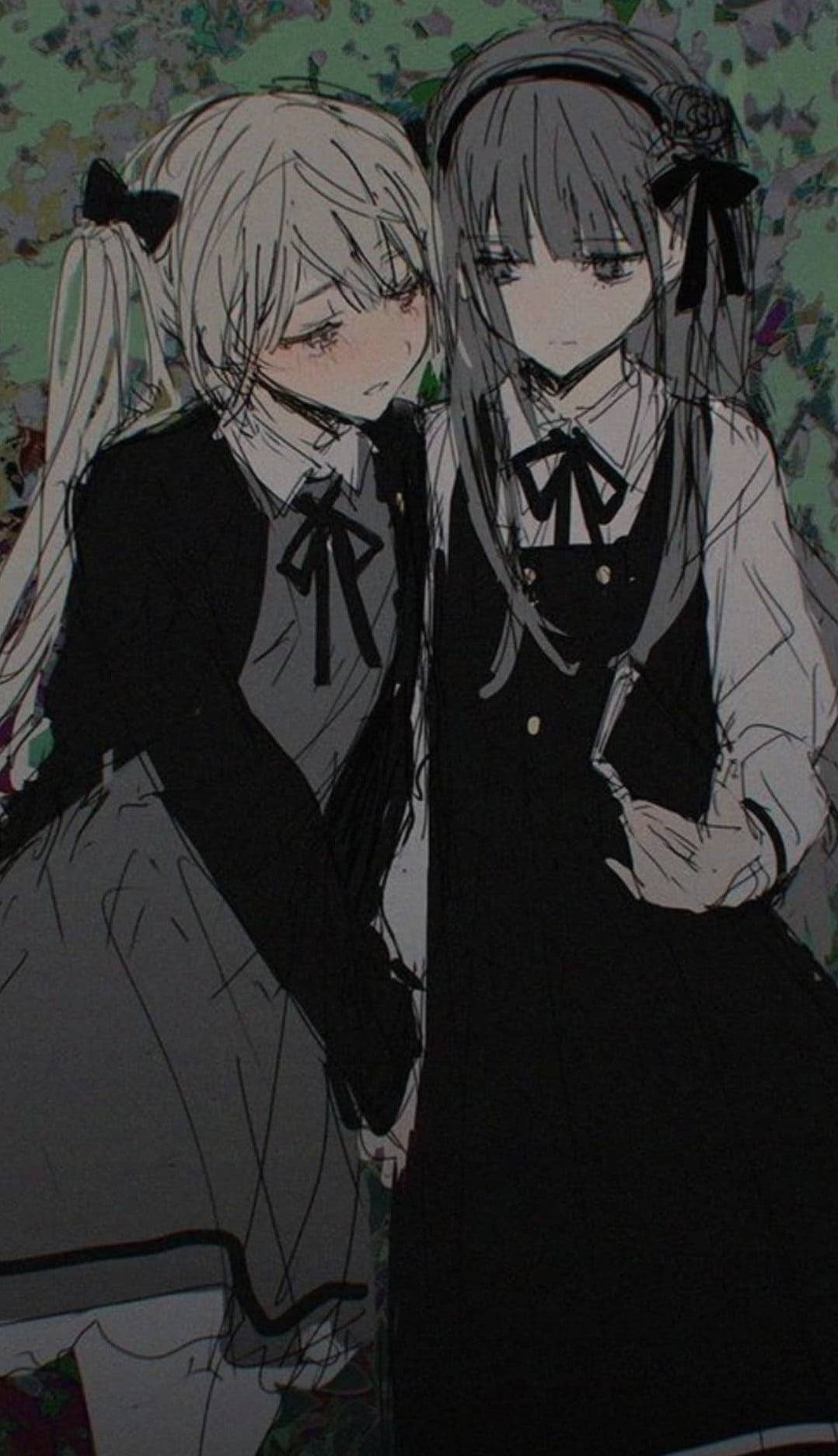 anime goth girls pfp, black school uniforms, floral wallpaper background, HD Phone Wallpaper