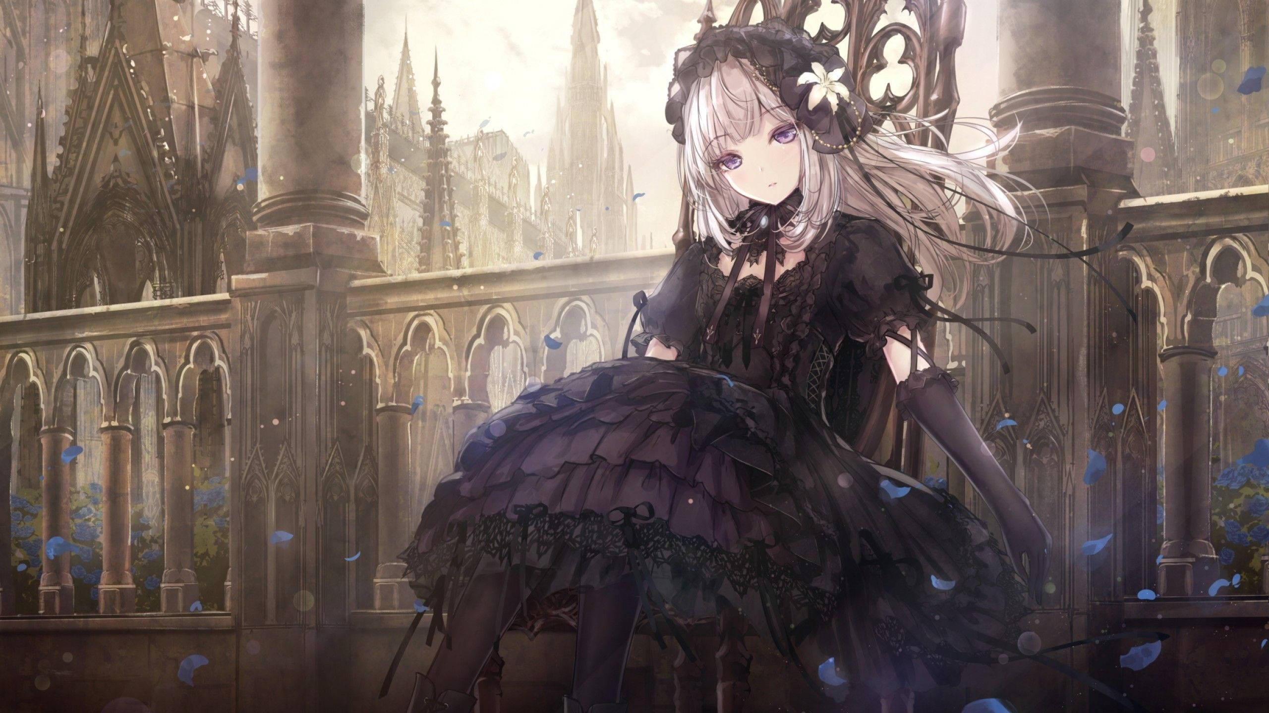 anime goth lolita, black gothic dress, stone balcony, 2K Desktop Wallpaper