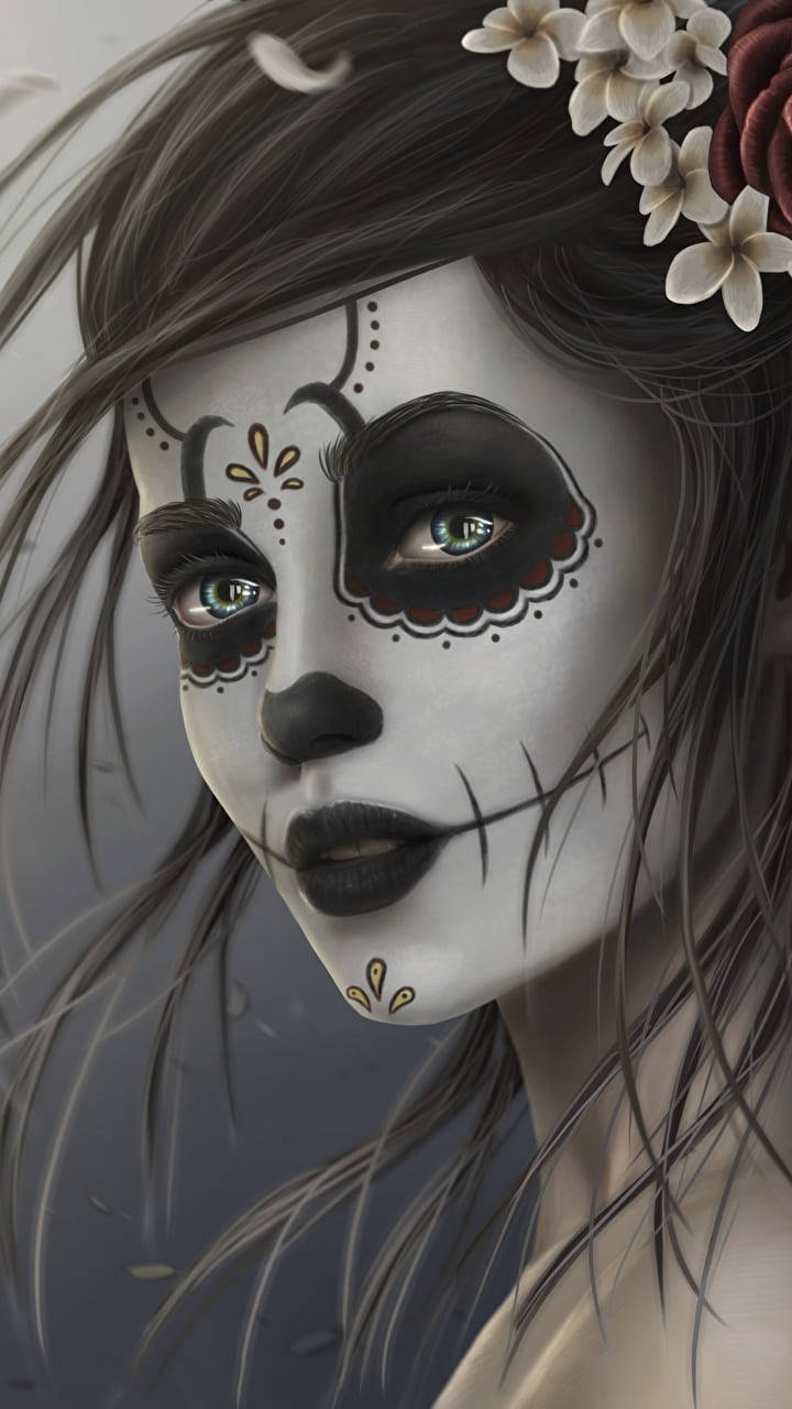 Goth Girl Skull Makeover PFP, sugar skull makeup, floral crown, HD Phone Wallpaper