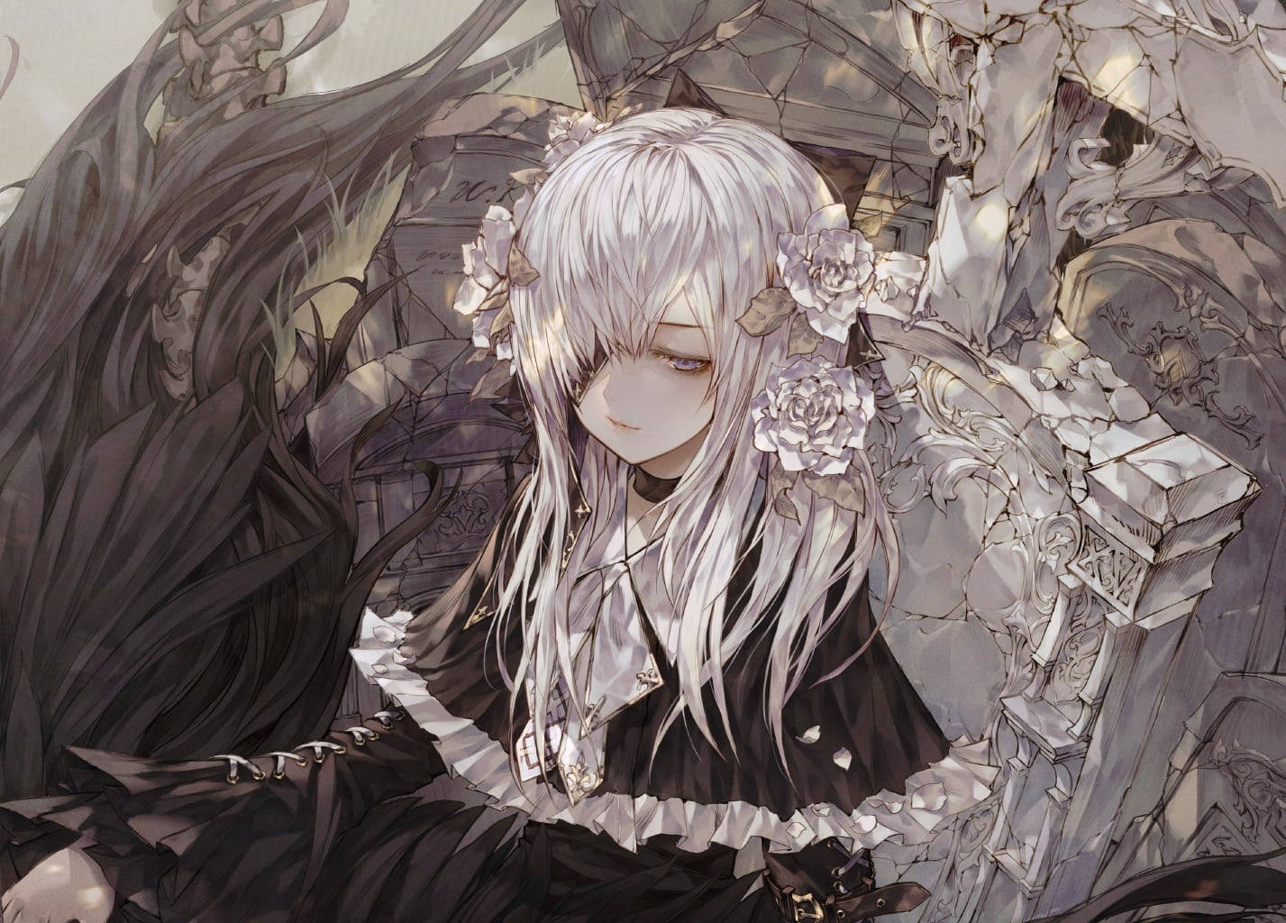 anime goth girl, silver hair, rose adornments, HD Desktop Wallpaper