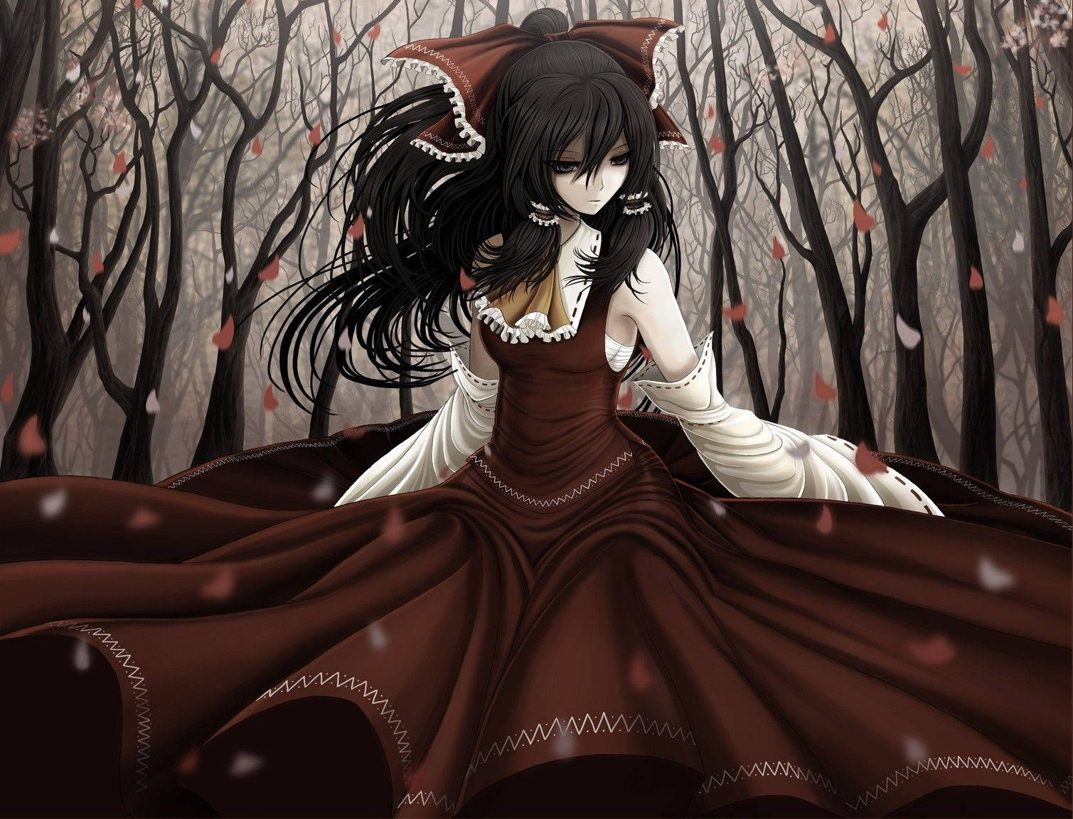 anime goth girl, brown and white dress, bare forest, HD Desktop Wallpaper