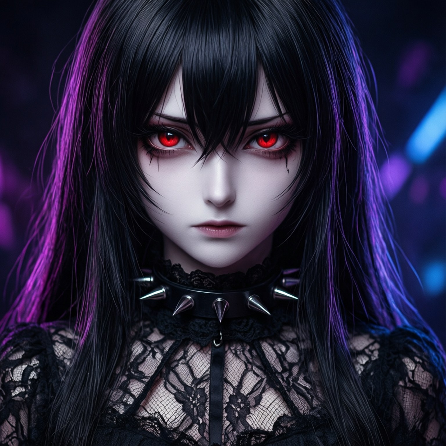 neon goth anime portrait, glowing red eyes, black lace attire, HD Desktop Wallpaper
