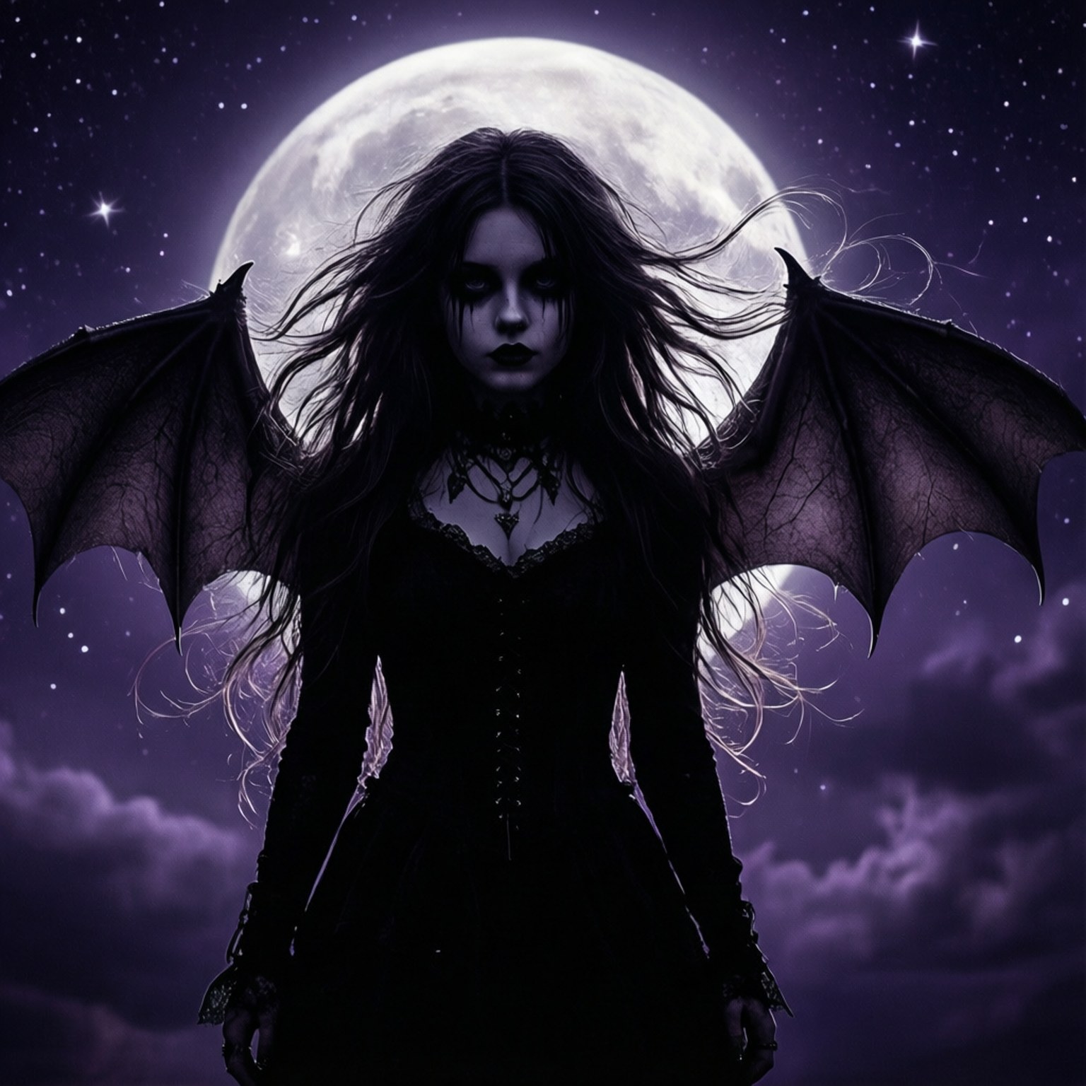 moonlit goth silhouette, glowing full moon, starry purple night sky, HD Desktop Wallpaper