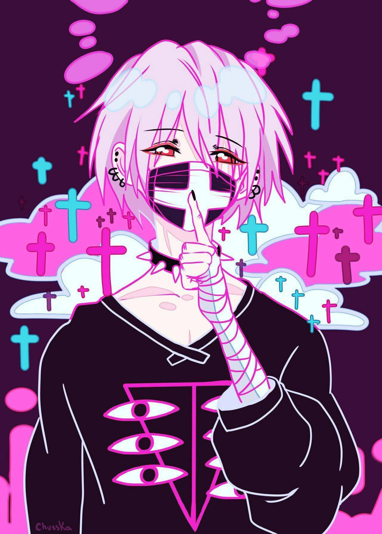 pastel anime goth boy pfp, pink-haired anime character, mask, HD Phone Wallpaper