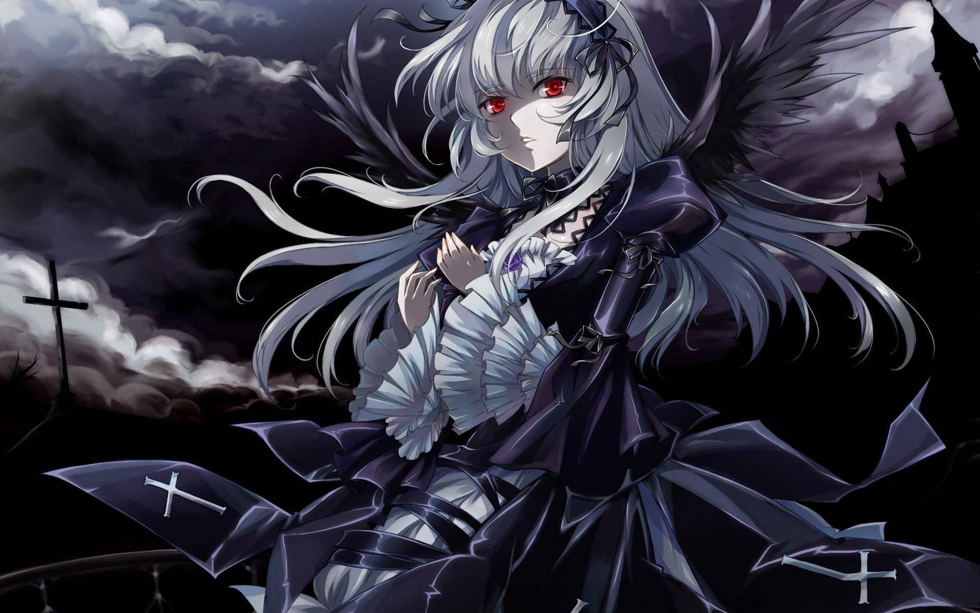 Anime Goth Suiginto PFP, silver hair, red eyes, Full HD Desktop Wallpaper