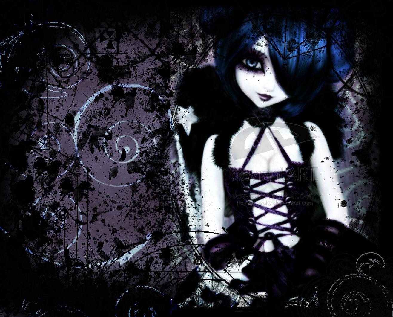 anime goth emo girl, blue hair, lace corset, HD Desktop Wallpaper