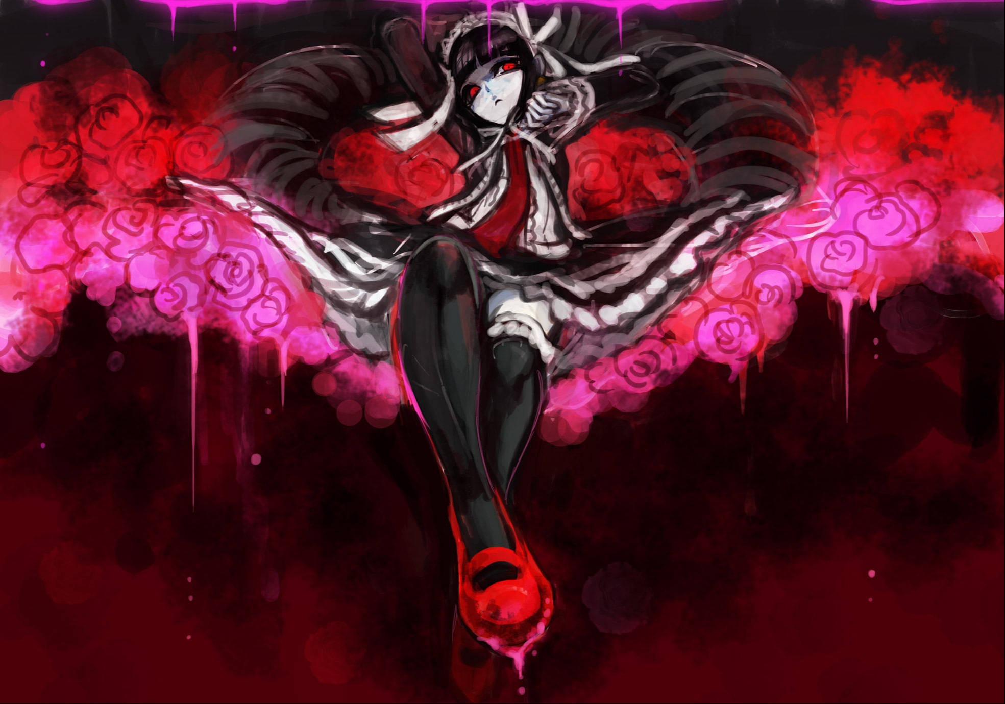 Goth Anime Girl, roses, red eyes, Full HD Desktop Wallpaper