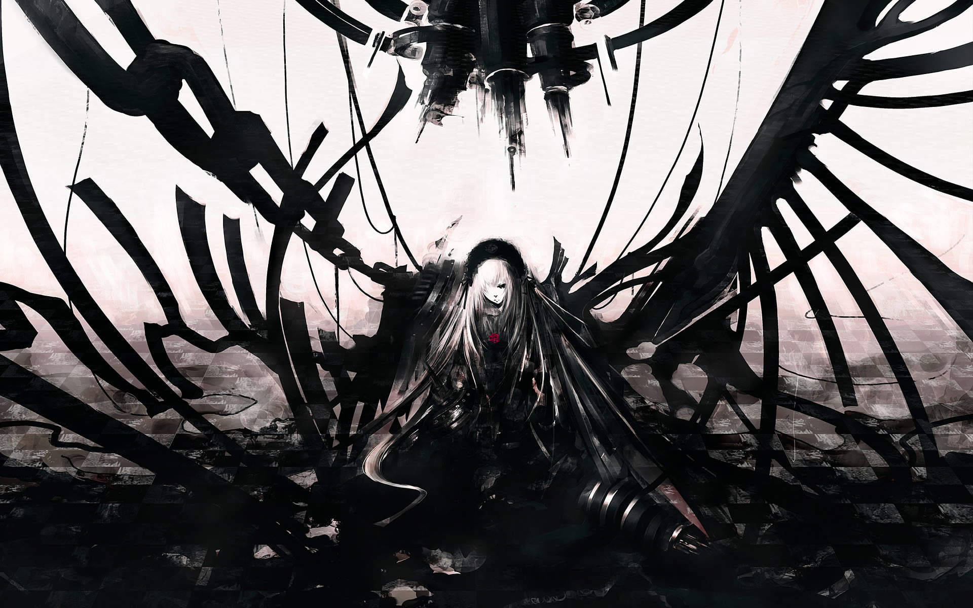 Goth, anime angel, long white hair, Full HD Desktop Wallpaper