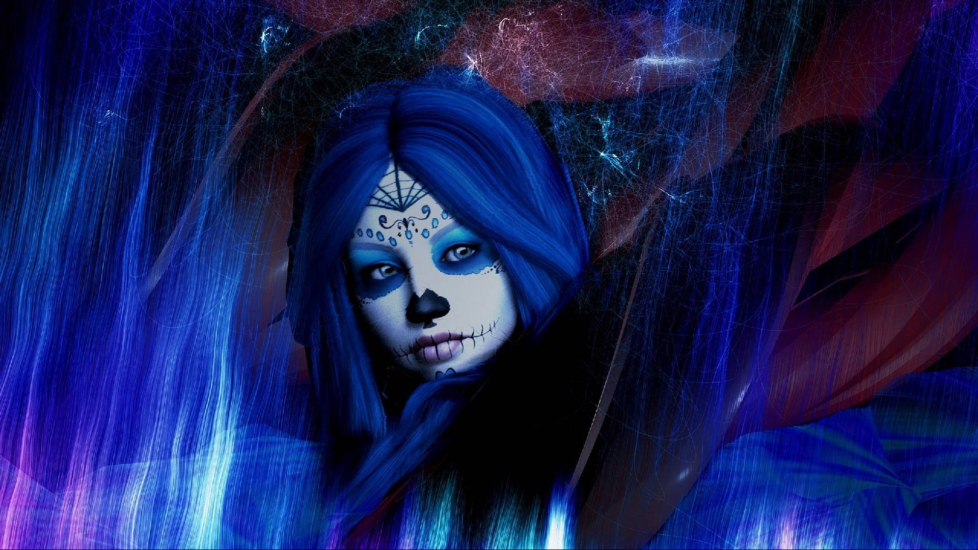 blue skull, blue-haired woman, sugar skull makeup, Full HD Desktop Wallpaper