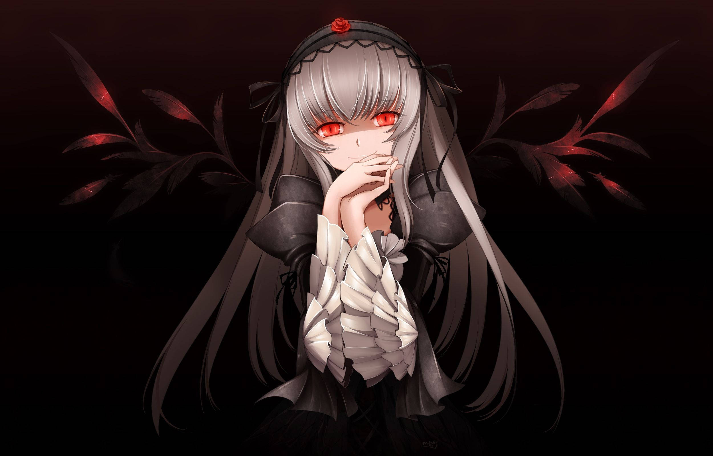 anime goth girl, red eyes, silver hair, Full HD Desktop Wallpaper