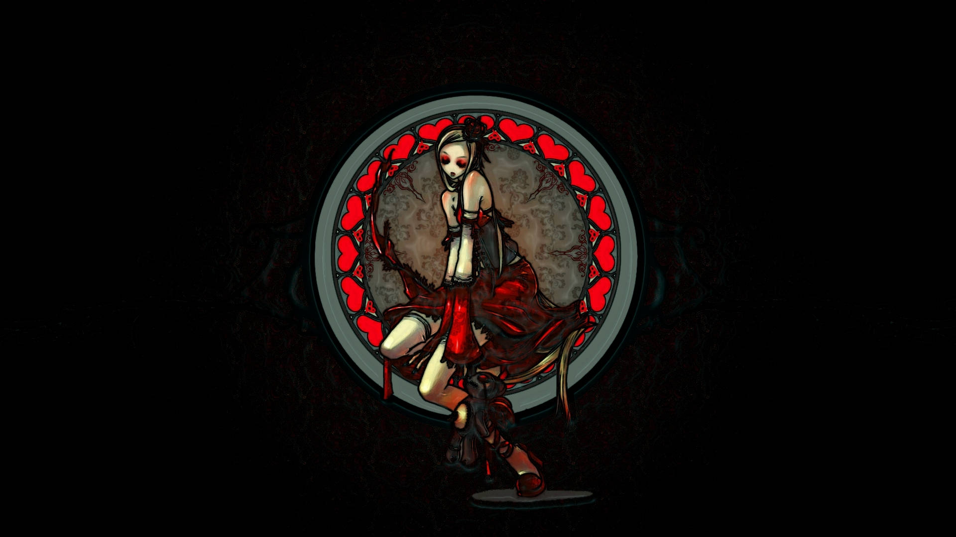 red goth girl, stained glass window, red hearts, Full HD Desktop Wallpaper