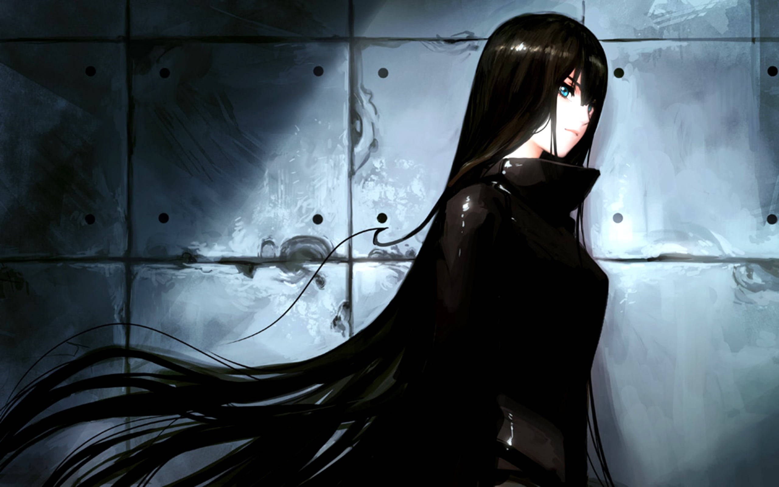 anime goth girl, long black hair, glowing blue eyes, 2K Desktop Wallpaper