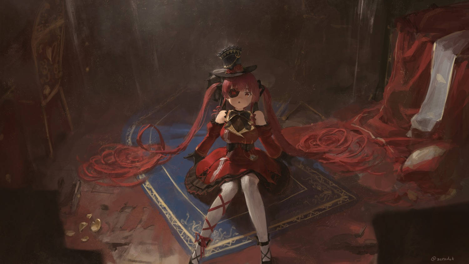 red-haired anime girl, red dress, blue rug, HD Desktop Wallpaper