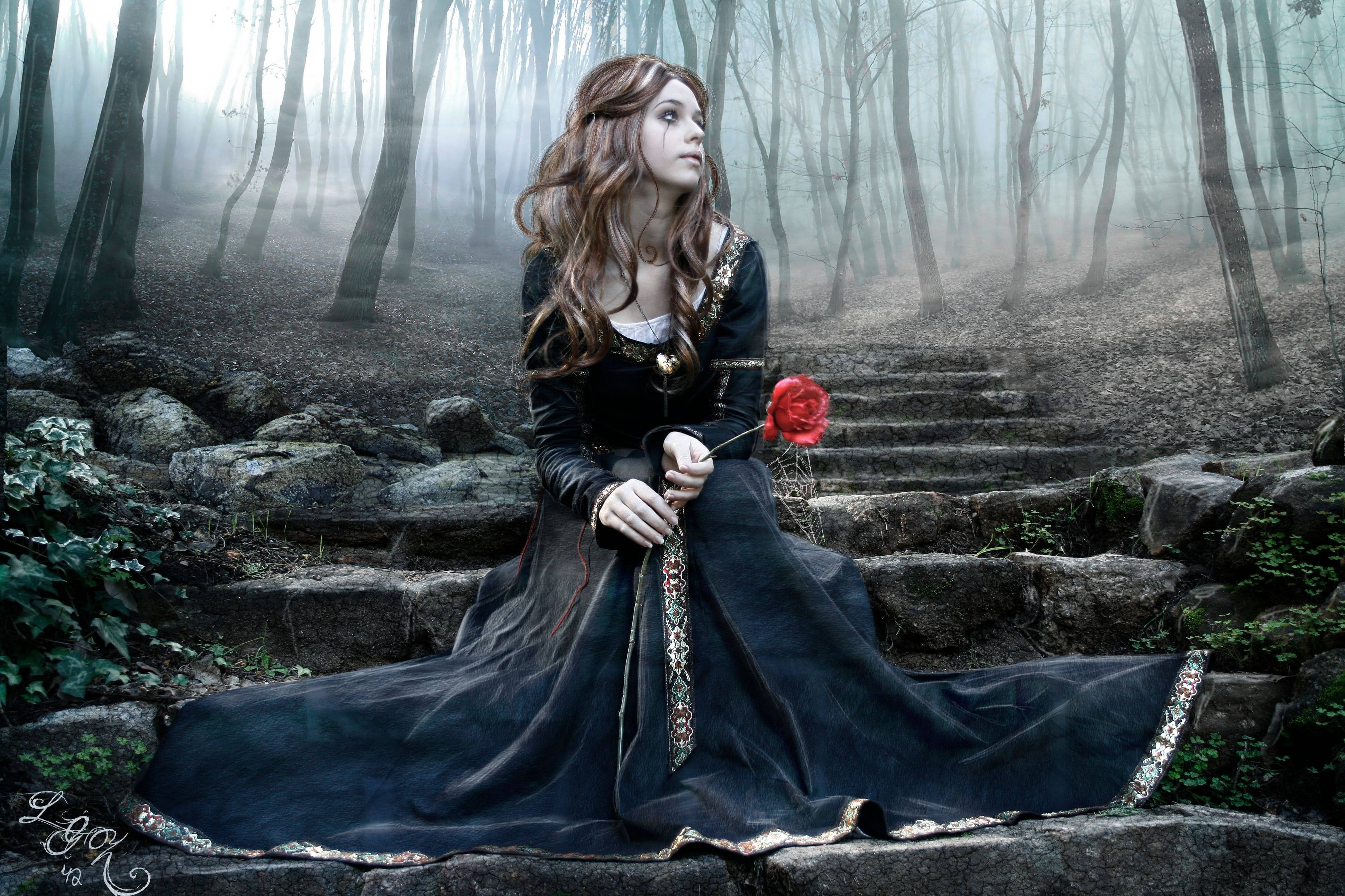 Goth Girl, dark gown, stone steps, 4K Desktop Wallpaper