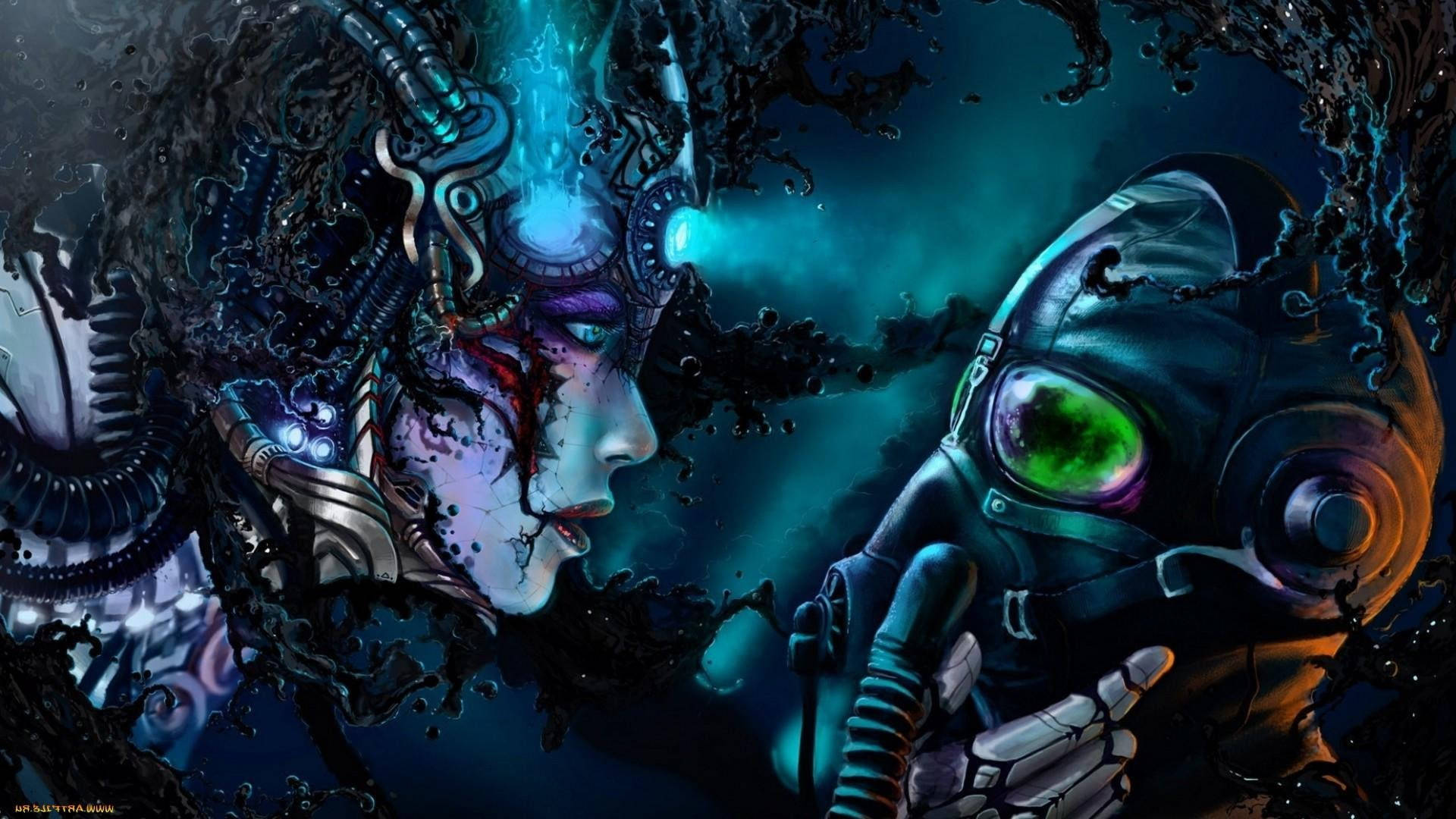 cyberpunk goth couple, glowing eyes, intricate machinery, Full HD Desktop Wallpaper