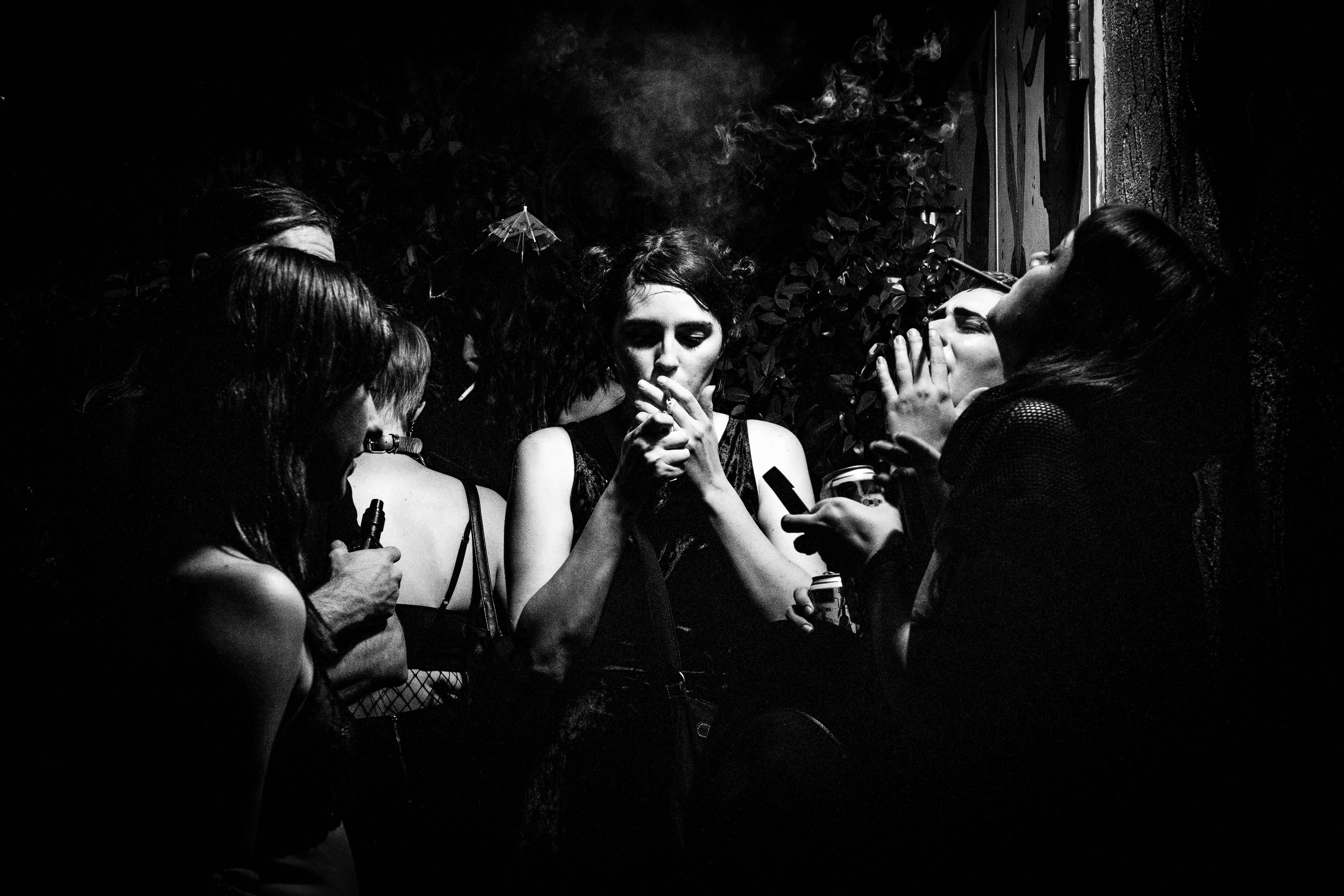 Goth Smoking Party, black and white photo, four people, 5K Desktop Wallpaper