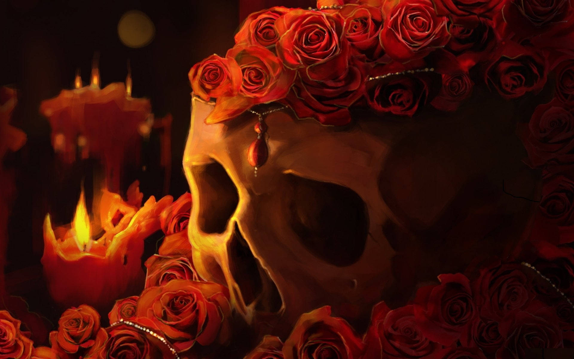 Goth, skull, red roses, Full HD Desktop Wallpaper