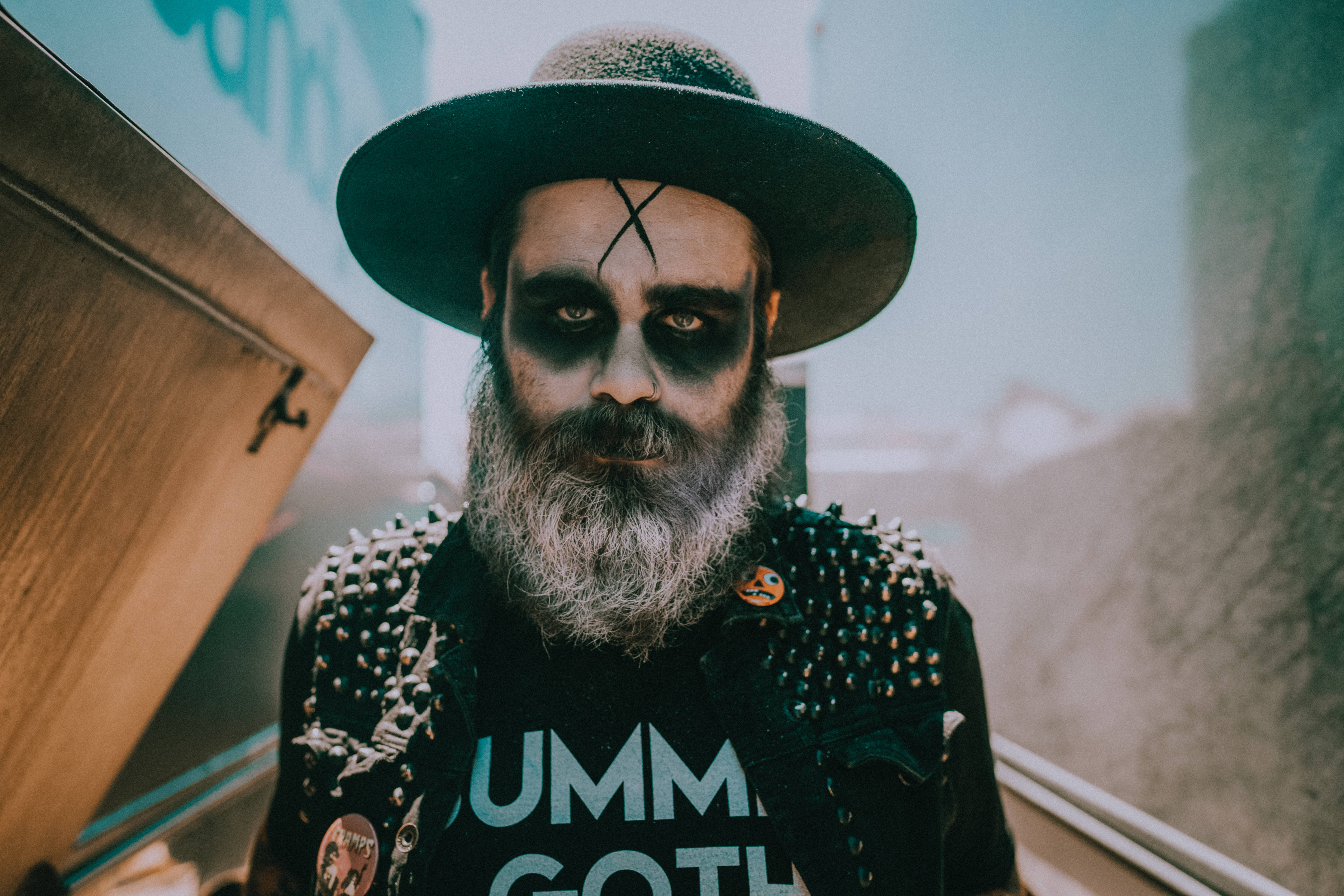 gray beard, black face paint, studded jacket, 5K Desktop Wallpaper