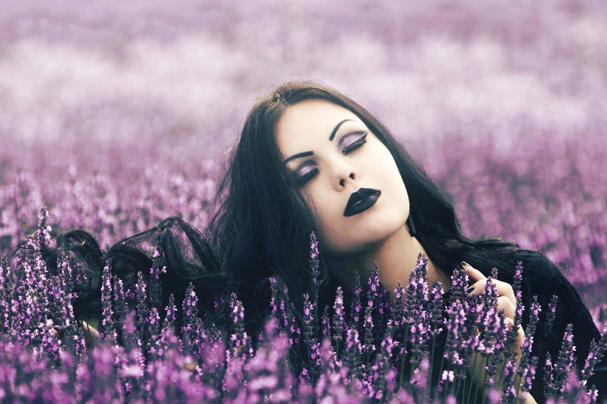 Goth Girl, purple field, lavender flowers, Full HD Desktop Wallpaper