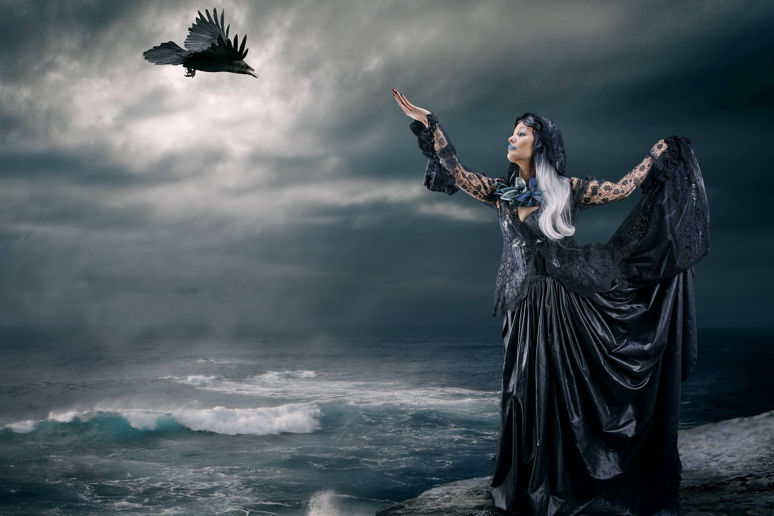 Goth Woman, crow, stormy cliff, 2K Desktop Wallpaper
