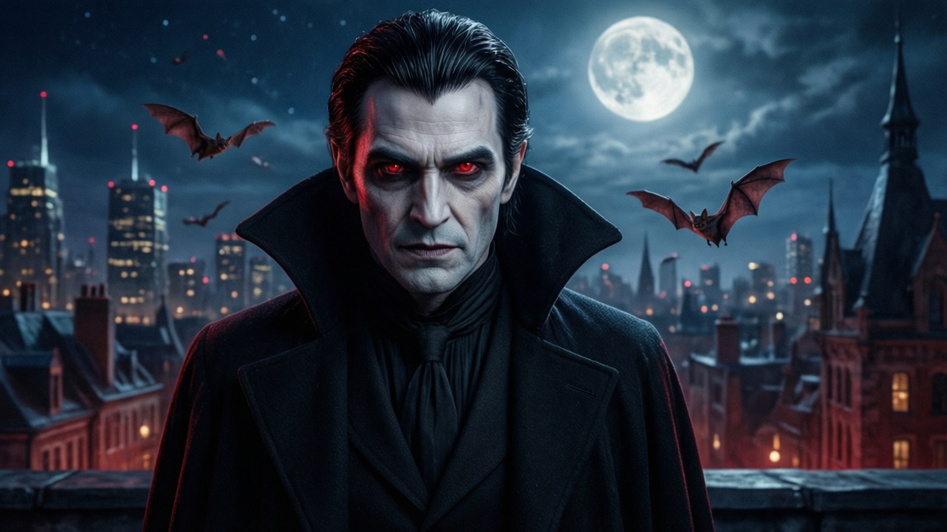 vampire, glowing red eyes, moonlit cityscape, Full HD Desktop Wallpaper