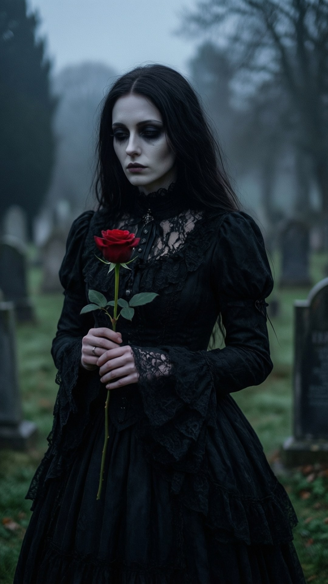 Victorian goth, black lace Victorian gown, red rose, Full HD Phone Wallpaper