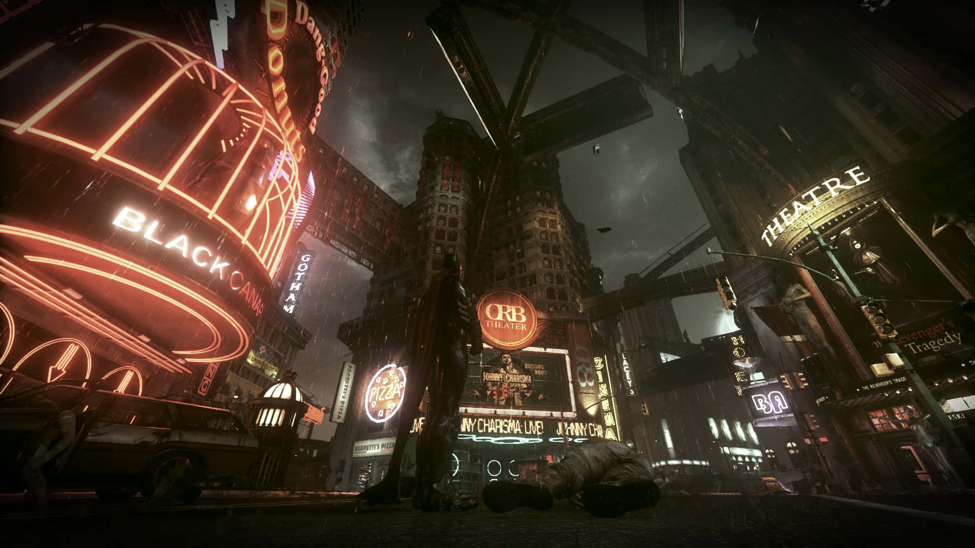 Gotham City, neon signs, rain-soaked, Full HD Desktop Wallpaper
