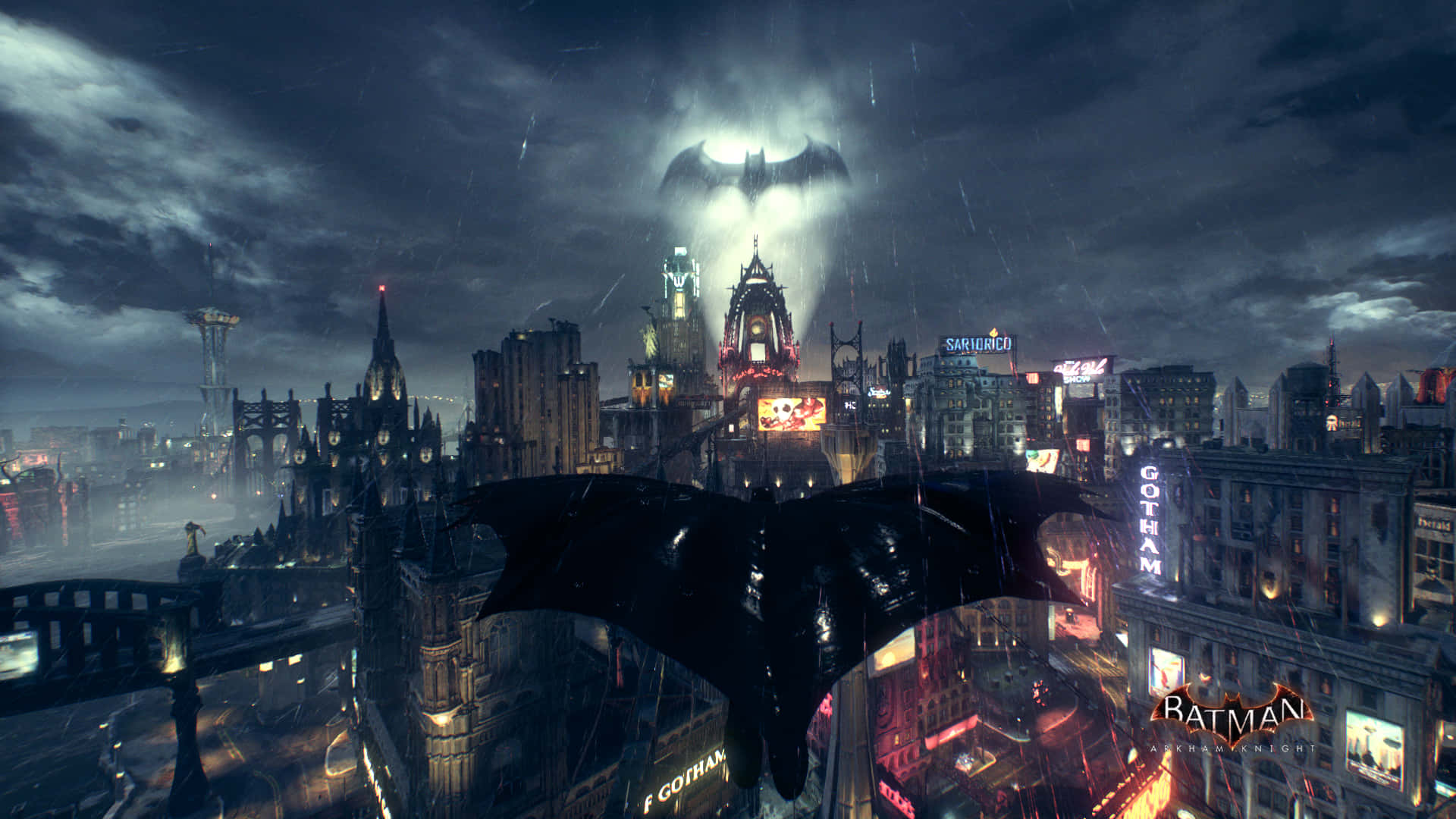 Gotham City, bat symbol, bat-shaped aircraft, Full HD Desktop Wallpaper