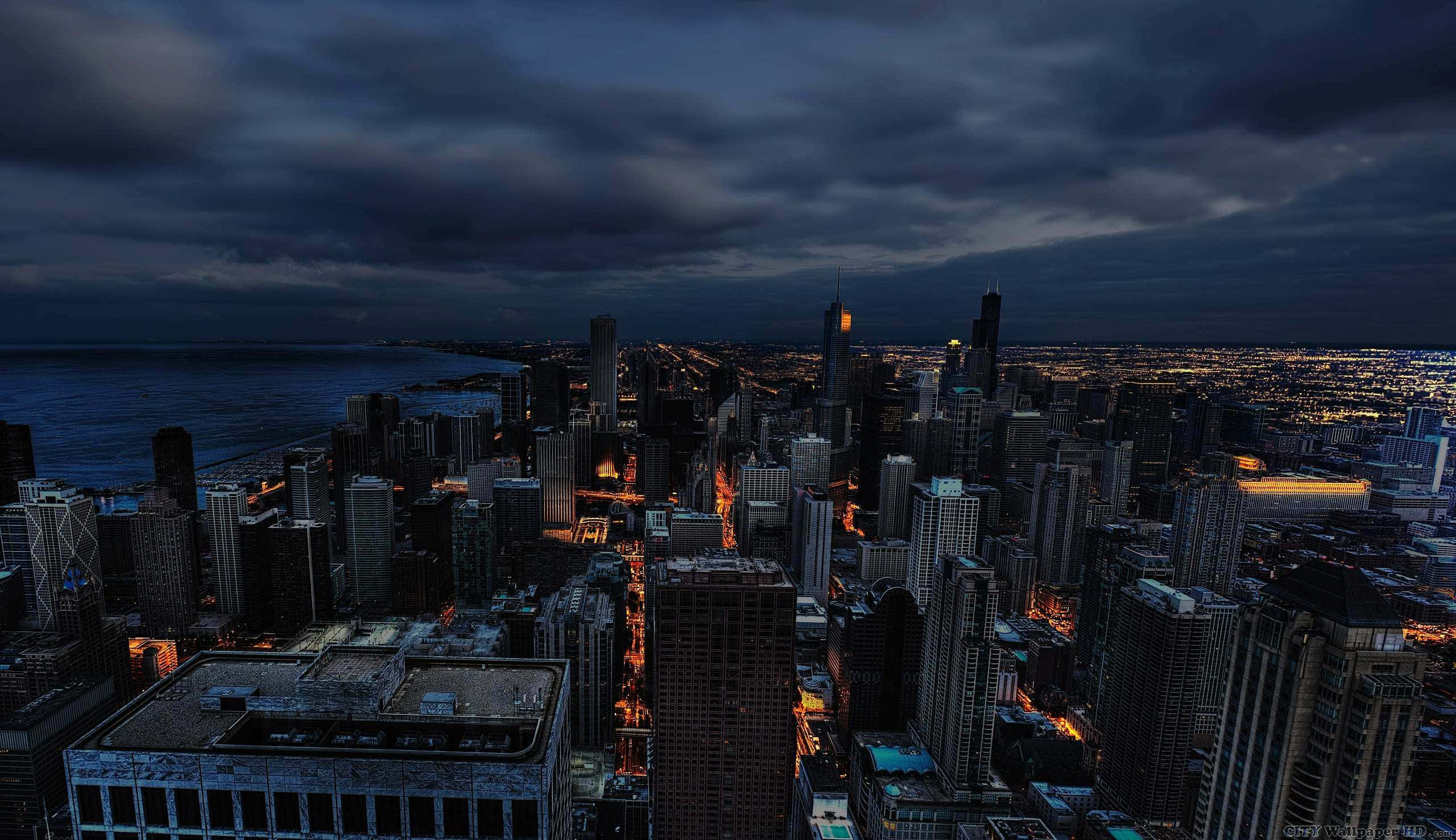 Gotham City, dusk, glowing streetlights, 2K Desktop Wallpaper