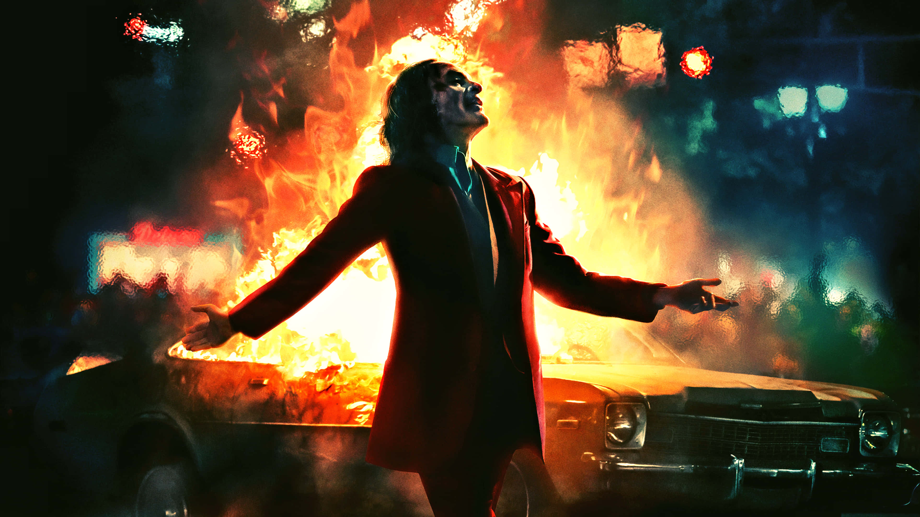 Gotham City, red suit, burning car, 4K Desktop Wallpaper